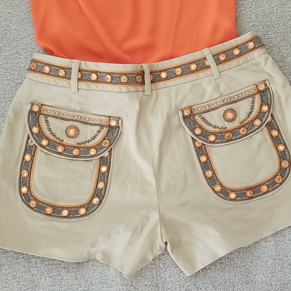 TORY BURCH Tan Khakis Embellished Safari Shorts